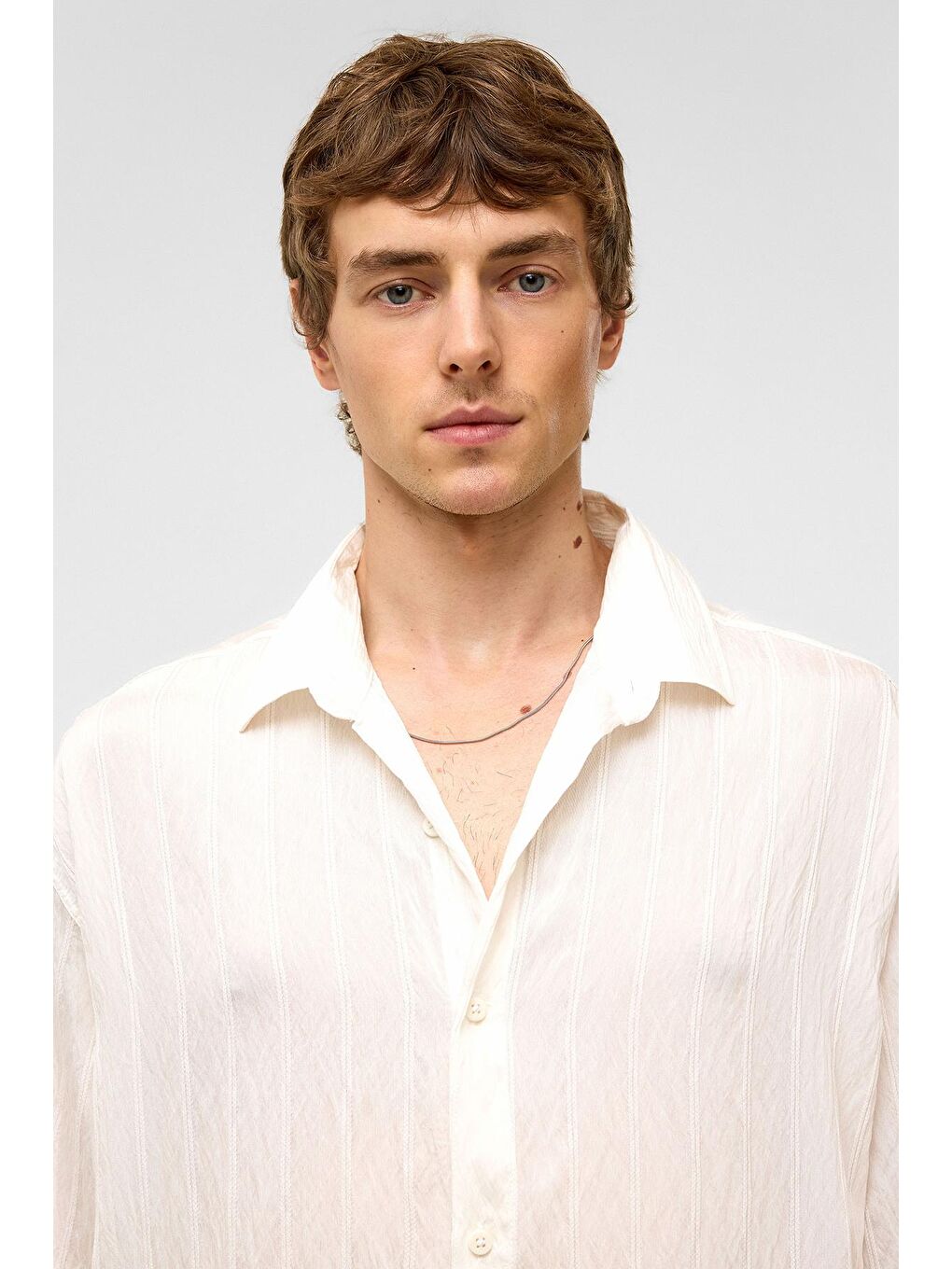 Oversize Çizgili Kısa Kollu Modal Kumaş Gömlek Beyaz-2