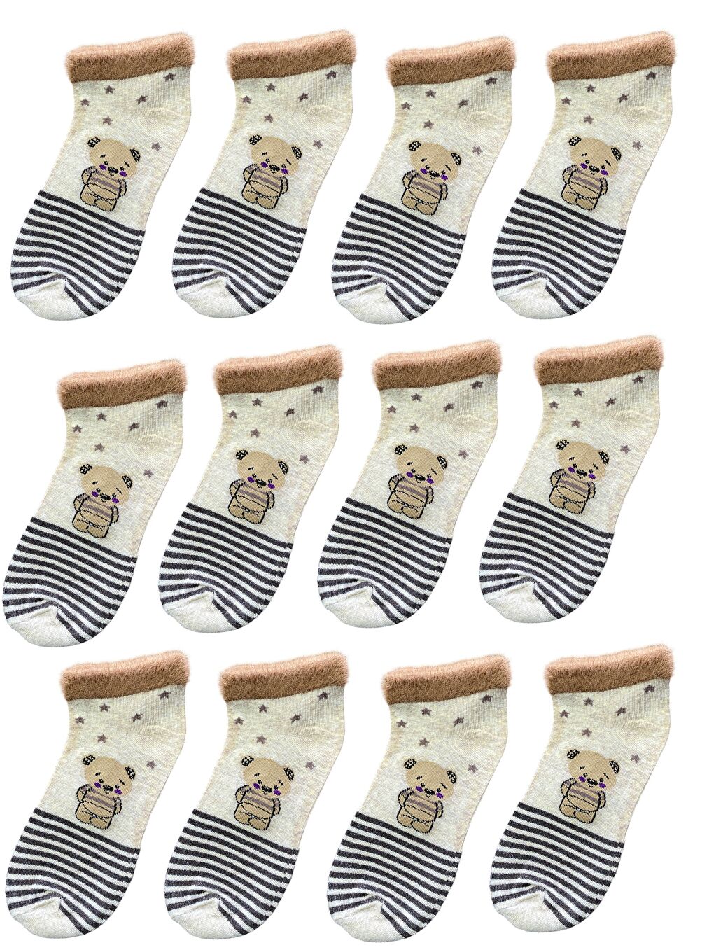 Ekru 12'li Kadın Desenli Yumoş Kaliteli Patik Çorap