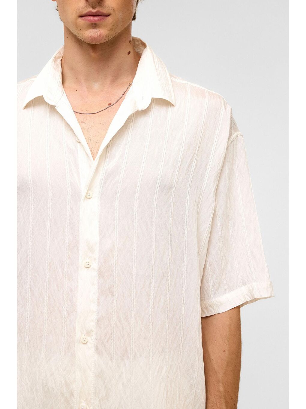 Oversize Çizgili Kısa Kollu Modal Kumaş Gömlek Beyaz-3