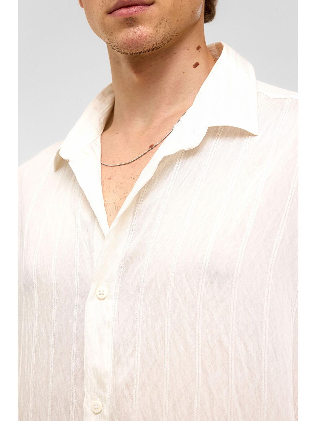 Oversize Çizgili Kısa Kollu Modal Kumaş Gömlek Beyaz-4