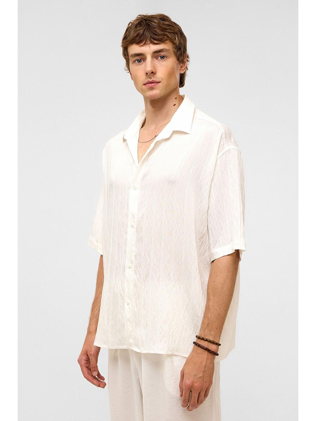 Oversize Çizgili Kısa Kollu Modal Kumaş Gömlek Beyaz-5