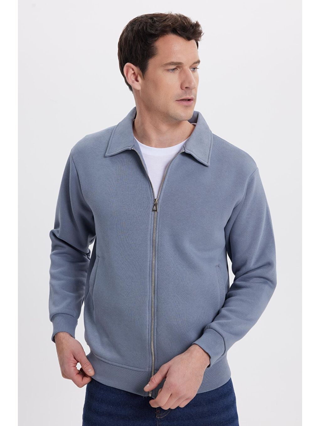 Unisex Relax Fit Rahat Kesim Pamuklu İç Polarlı Fermuarlı Gri Polo Yaka Flato Cepli Sweatshirt Hırka-1