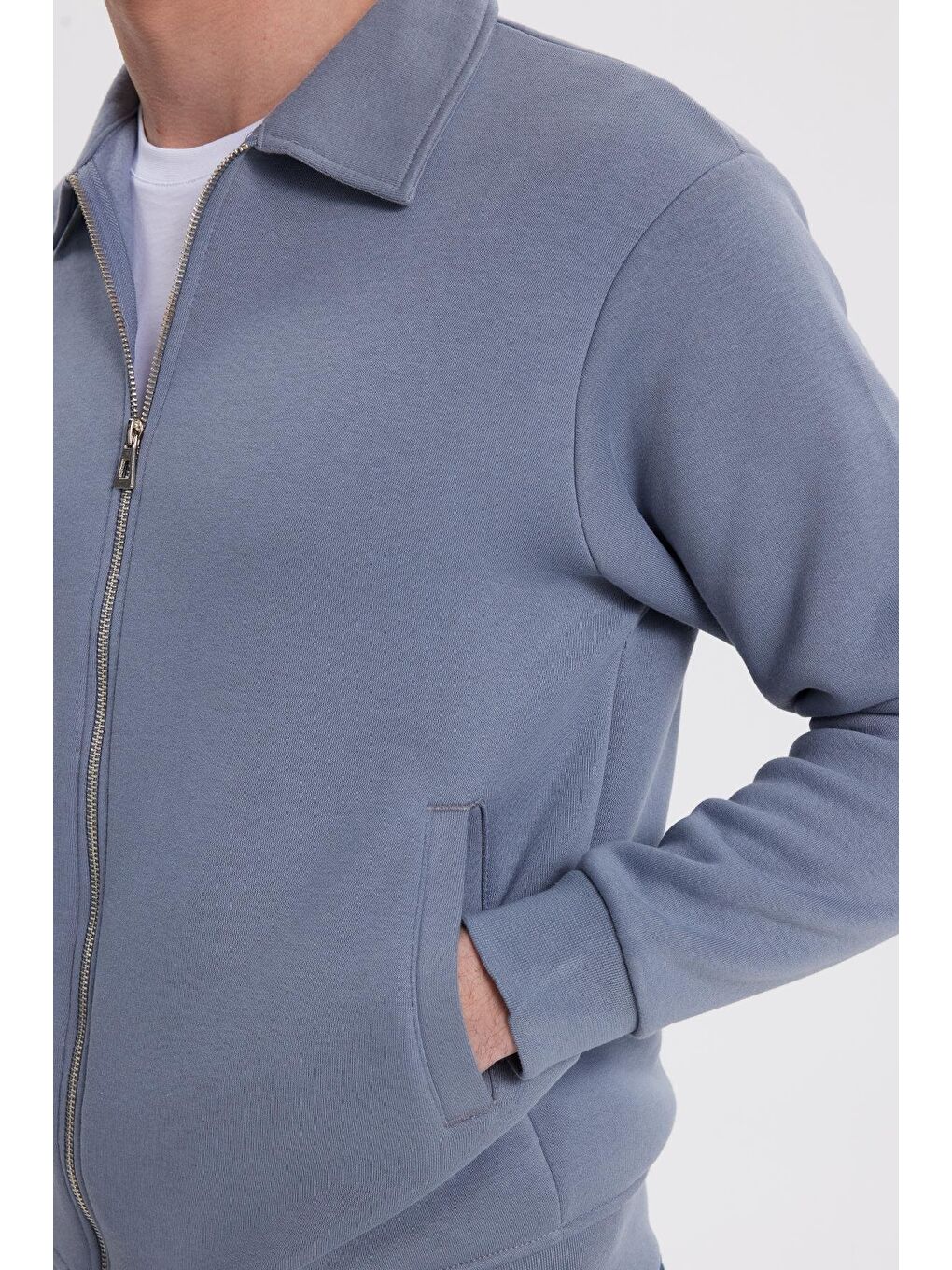 Unisex Relax Fit Rahat Kesim Pamuklu İç Polarlı Fermuarlı Gri Polo Yaka Flato Cepli Sweatshirt Hırka-2