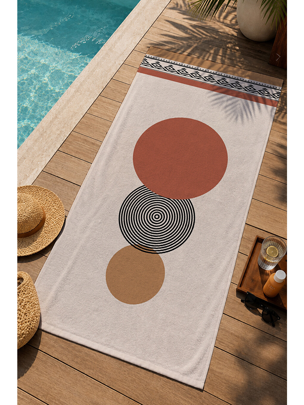 Bej Turuncu Minimal Geometrik Daire Desenli 70x150 Cm Dijital Baskılı Plaj Ve Banyo Havlusu-2