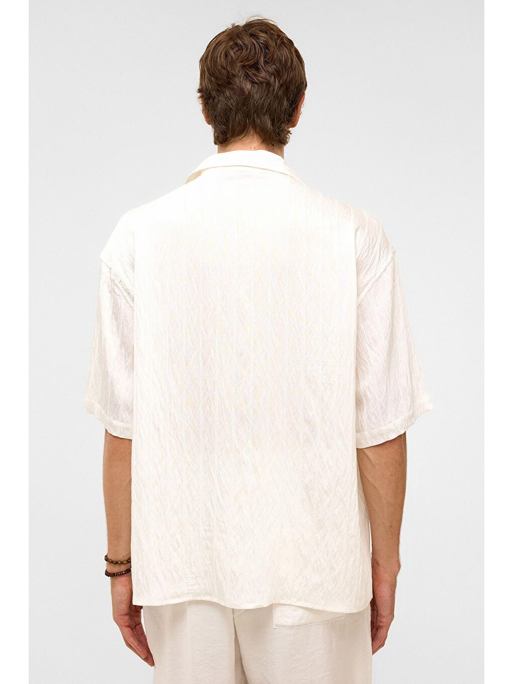 Oversize Çizgili Kısa Kollu Modal Kumaş Gömlek Beyaz-6