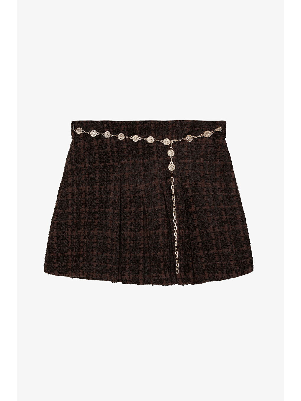 Zincir Kemerli Pileli Tüvit Mini Etek Kahverengi