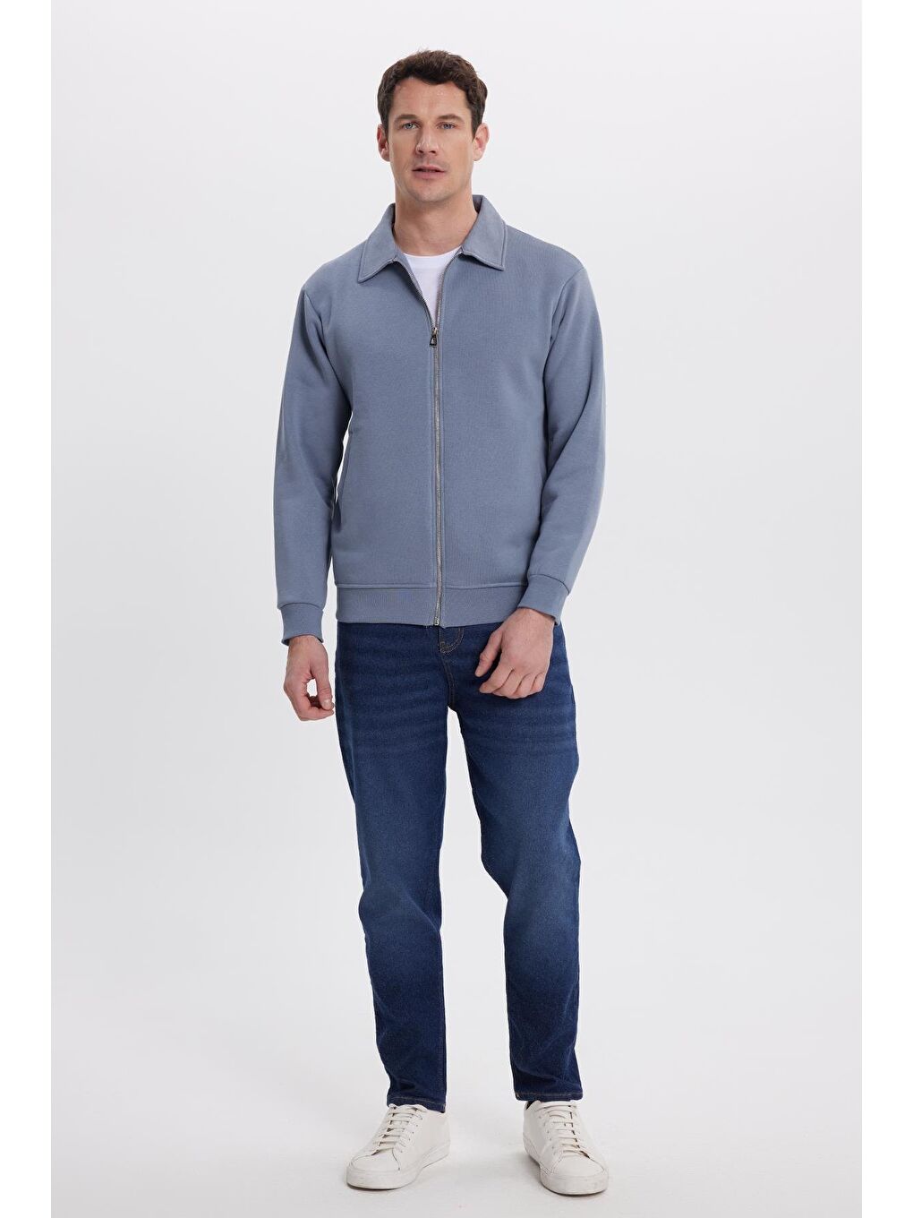 Unisex Relax Fit Rahat Kesim Pamuklu İç Polarlı Fermuarlı Gri Polo Yaka Flato Cepli Sweatshirt Hırka-3