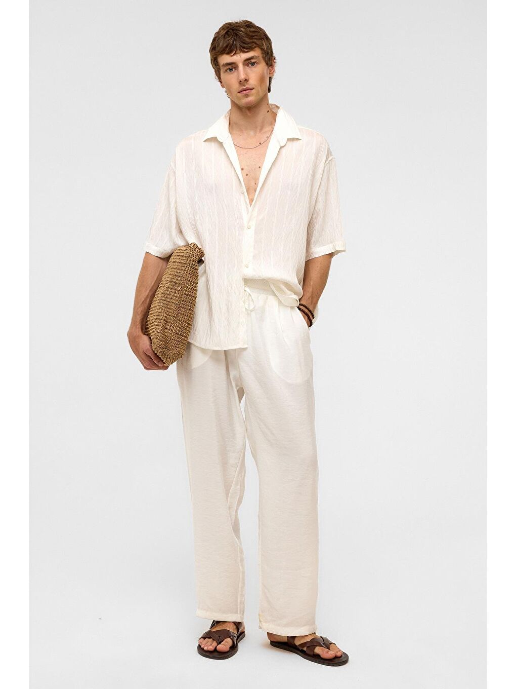 Oversize Çizgili Kısa Kollu Modal Kumaş Gömlek Beyaz-7