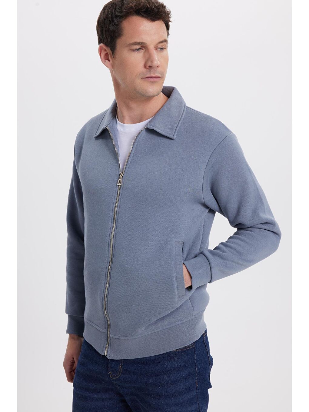 Unisex Relax Fit Rahat Kesim Pamuklu İç Polarlı Fermuarlı Gri Polo Yaka Flato Cepli Sweatshirt Hırka-4