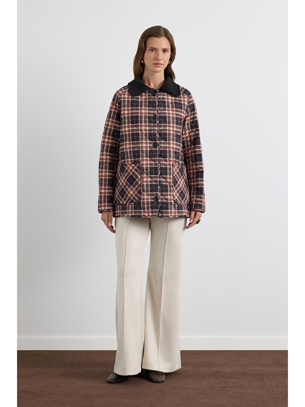 Kahverengi Desenli Kadife Yakalı Kapitone Ceket Mont Kahve-1