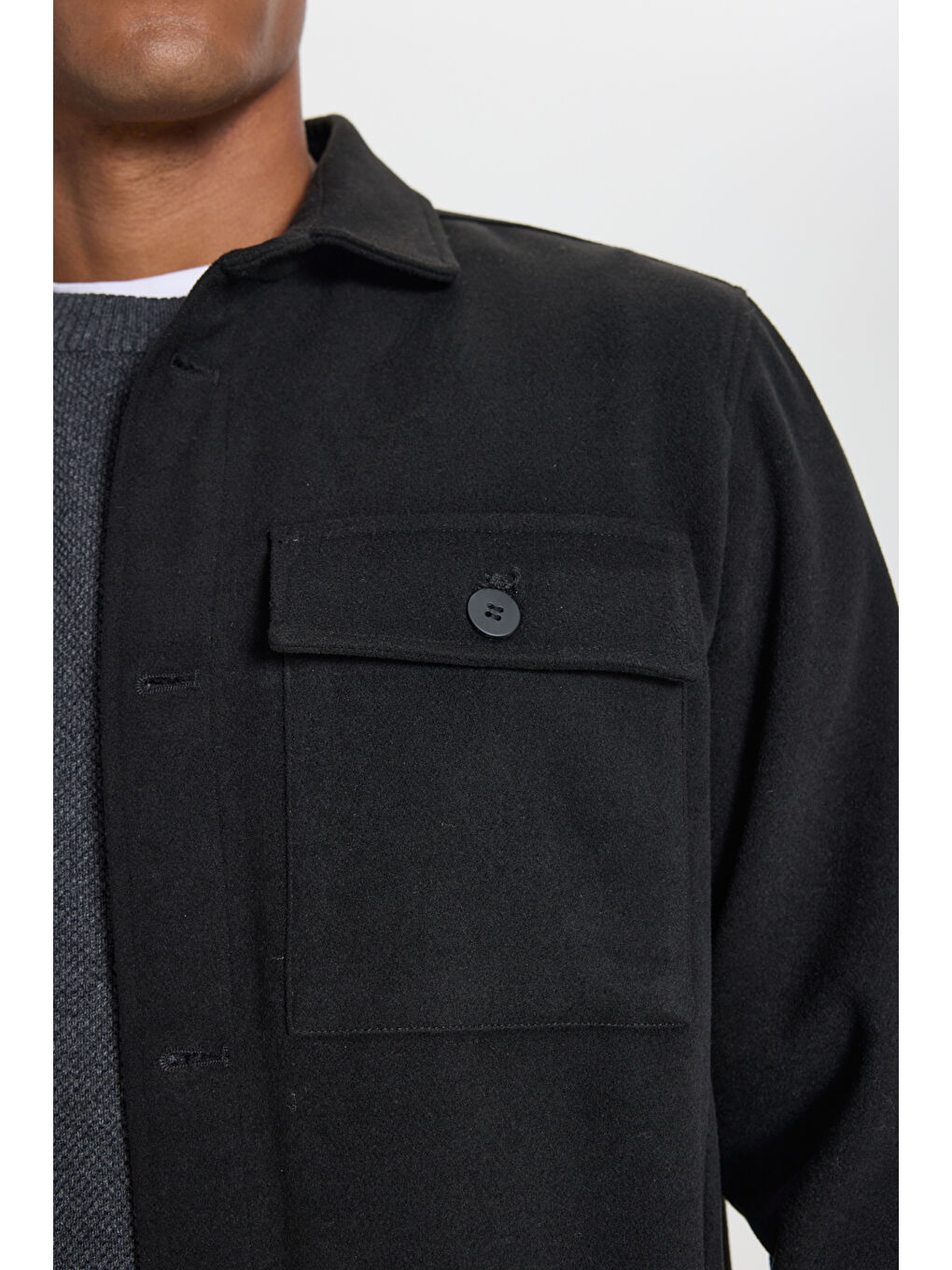 Erkek Siyah Relax Fit Gömlek Yaka Cepli Polar Gömlek-5