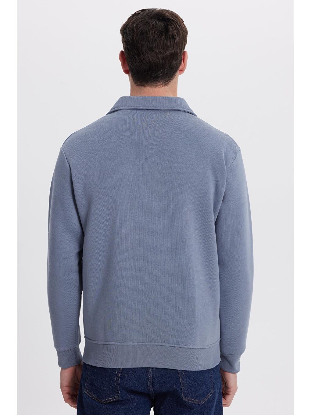 Unisex Relax Fit Rahat Kesim Pamuklu İç Polarlı Fermuarlı Gri Polo Yaka Flato Cepli Sweatshirt Hırka-6