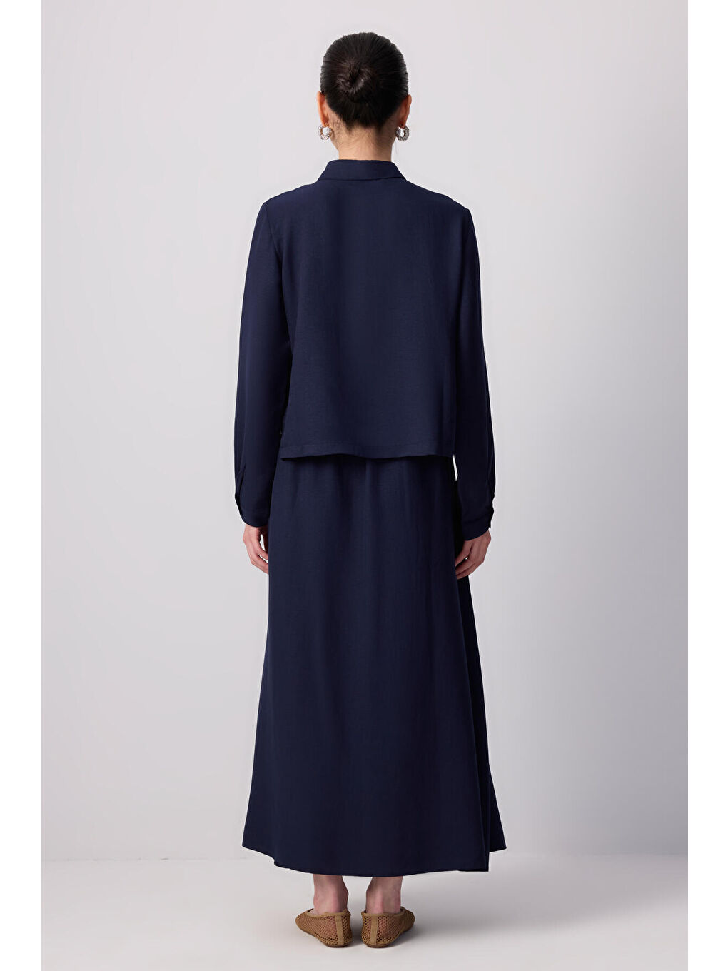 Lacivert Kontrast Dikişli Gömlek Etek Takım-3
