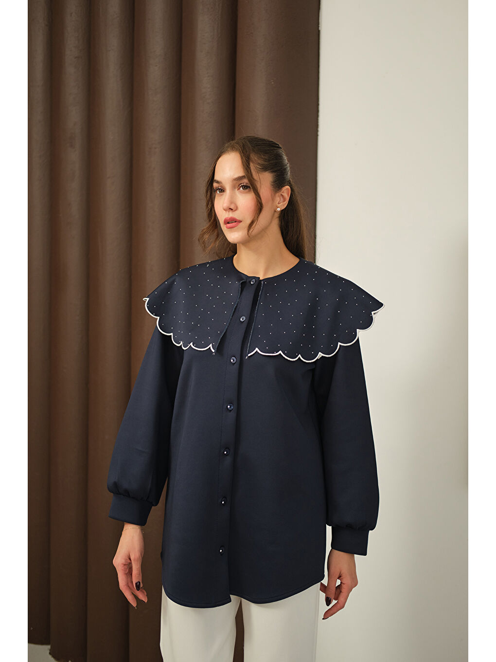 Kadın Yakası Taşlı Tunik Lacivert-1