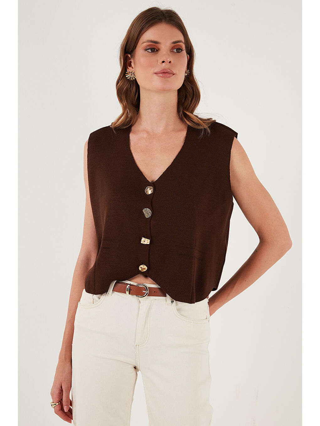 Kahverengi V Yaka Düğmeli Triko Kadın Yelek 4616177-4