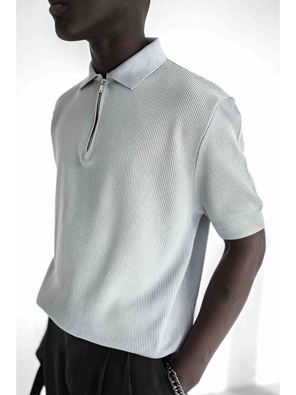 Erkek Yarım Fermuarlı Polo Yaka Triko Tişört Gri-1