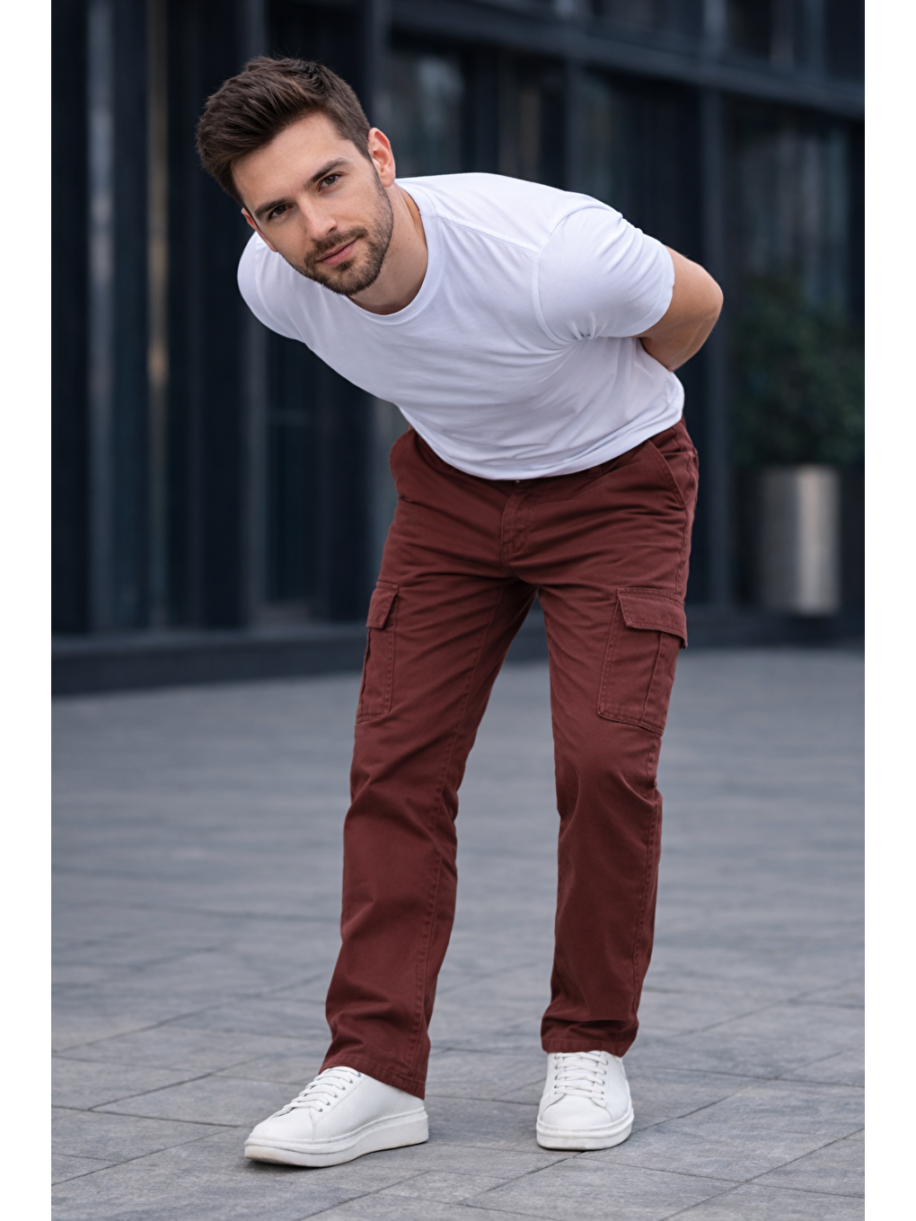 Kahverengi Erkek Trend Bol Paça Günlük Kargo Kiremit Baggy Pantolon-2