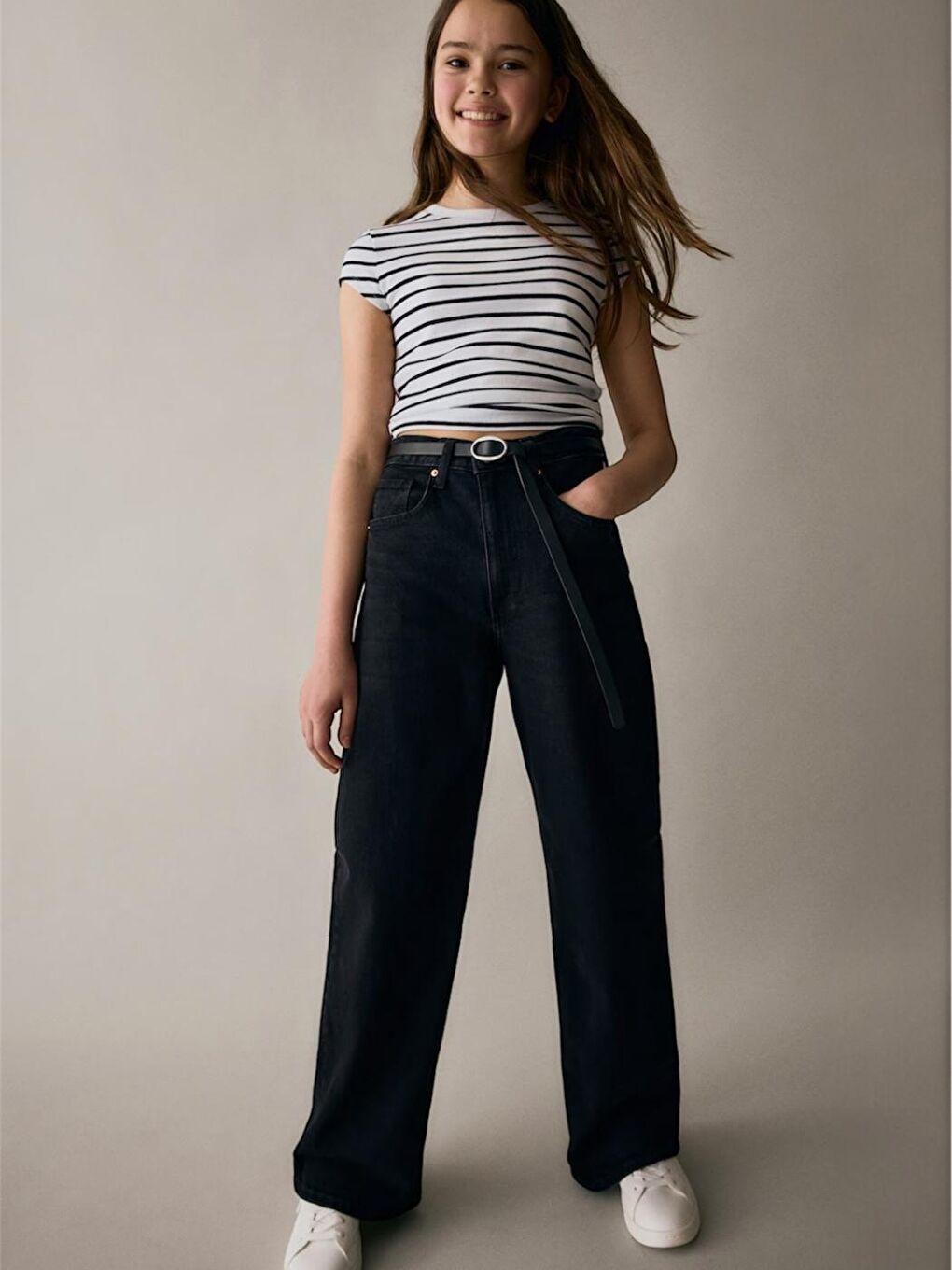 Kız Çocuk Siyah Renk %100 Coton Wide Leg Jean