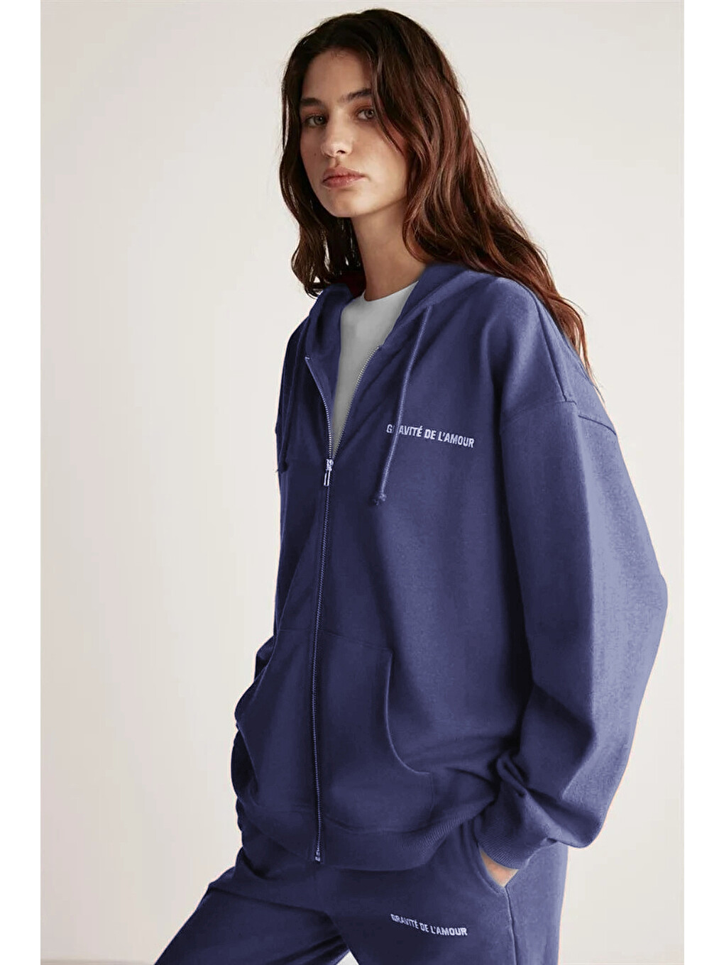 Ametıs Kadın Oversize Organik Pamuklu Metal Fermuarlı Kapüşonlu Lacivert Sweatshirt