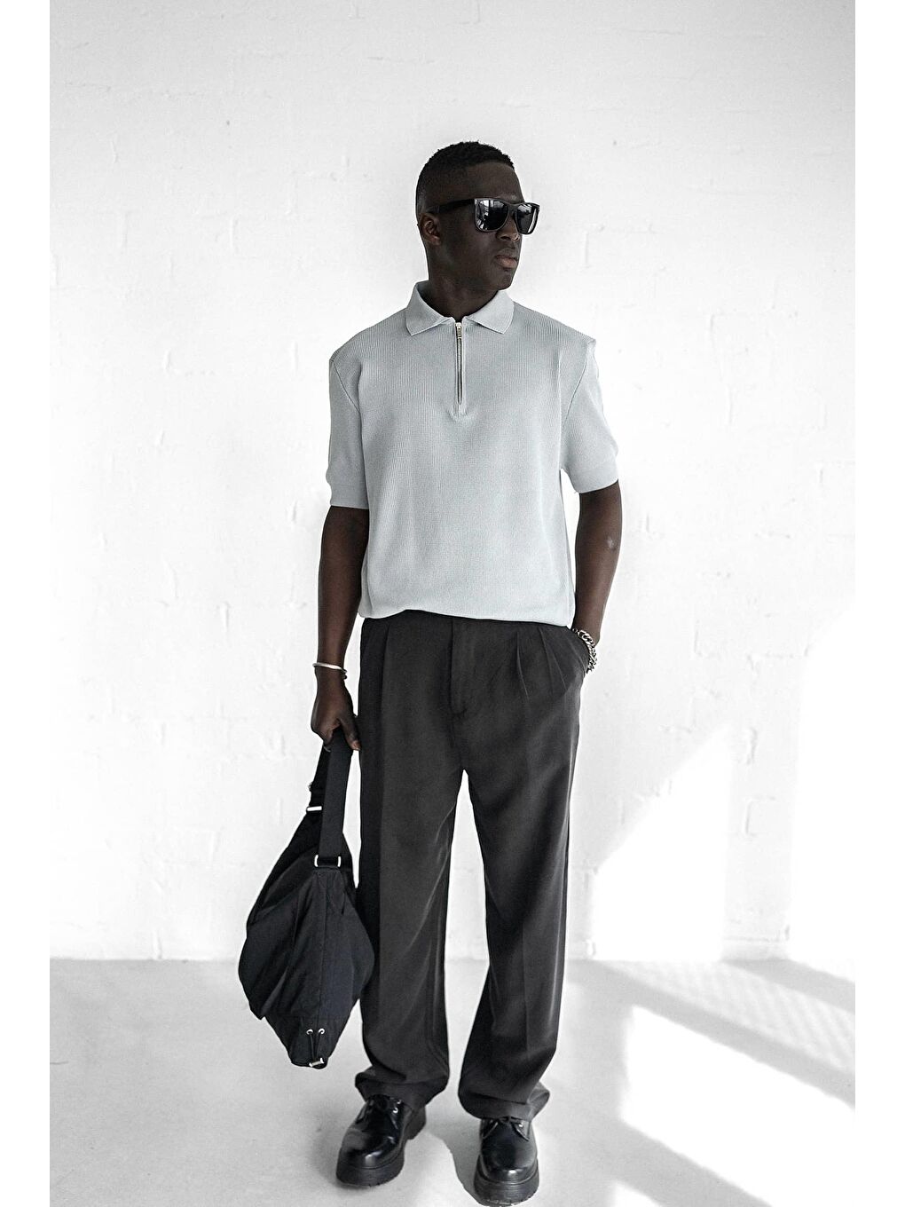 Erkek Yarım Fermuarlı Polo Yaka Triko Tişört Gri-2