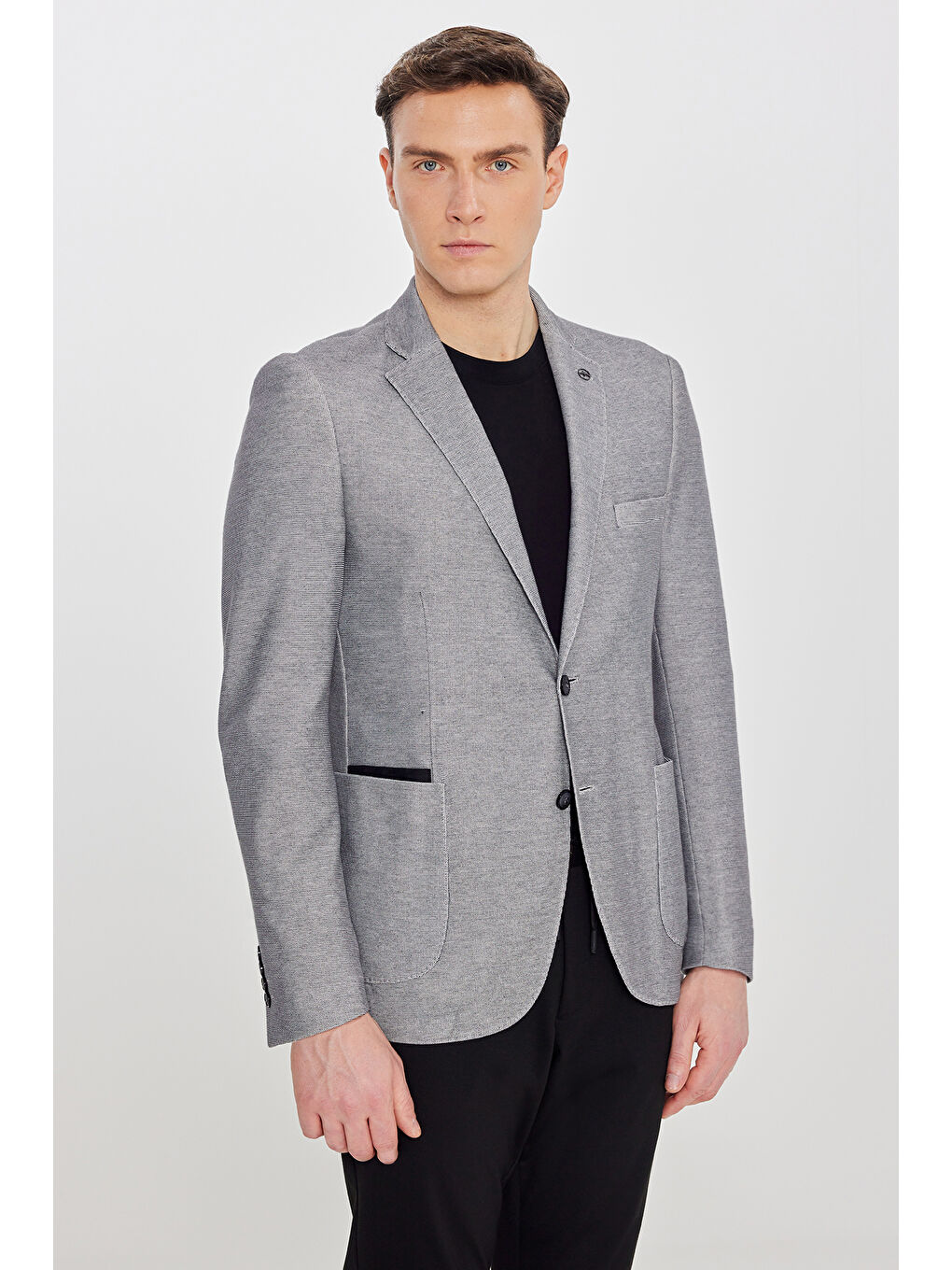 Erkek Antrasit Pamuklu Slim Fit Dar Kesim Mono Yaka Torba Cepli Blazer Ceket