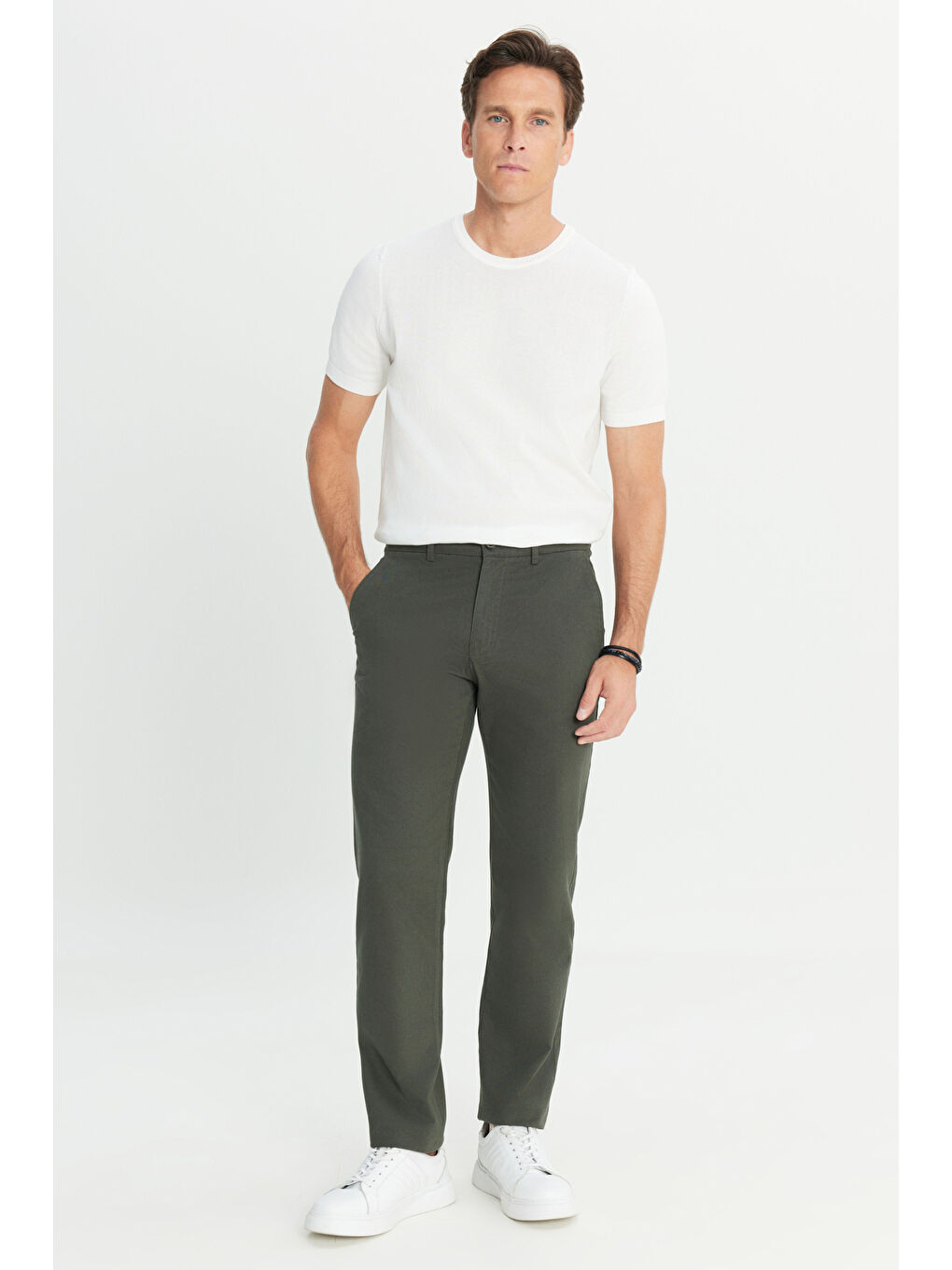 Erkek Haki %100 Pamuk Comfort Fit Rahat Kesim Yan Cepli Pantolon-2