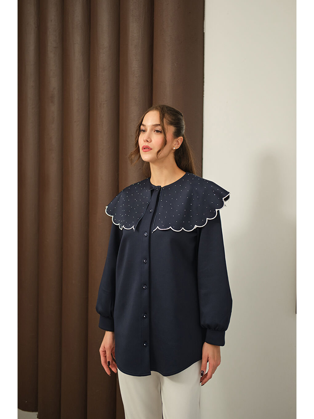 Kadın Yakası Taşlı Tunik Lacivert-2