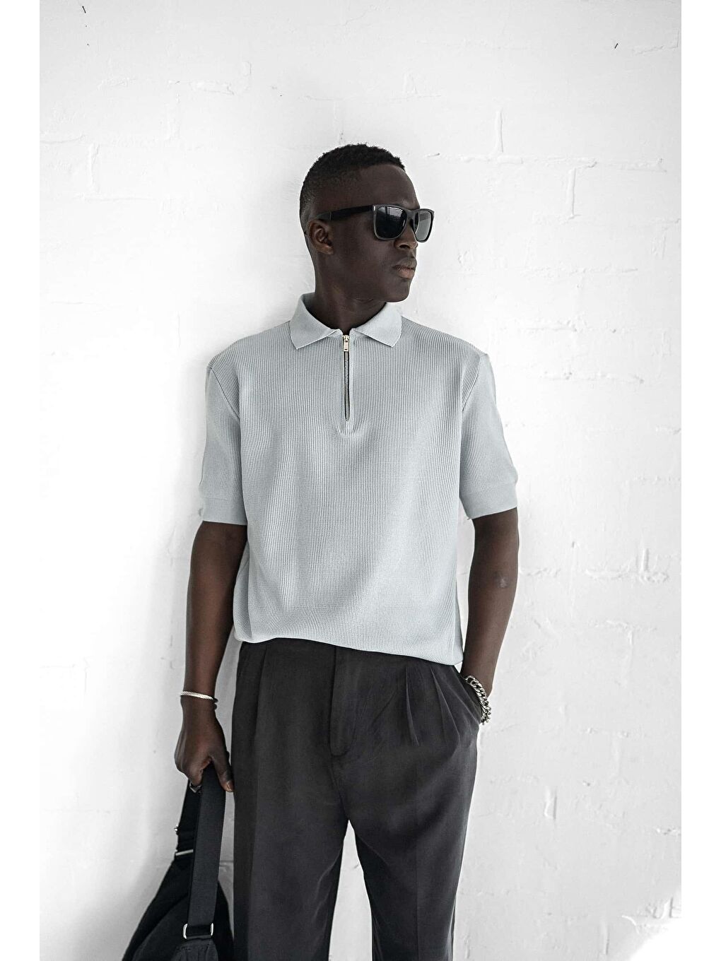 Erkek Yarım Fermuarlı Polo Yaka Triko Tişört Gri-3