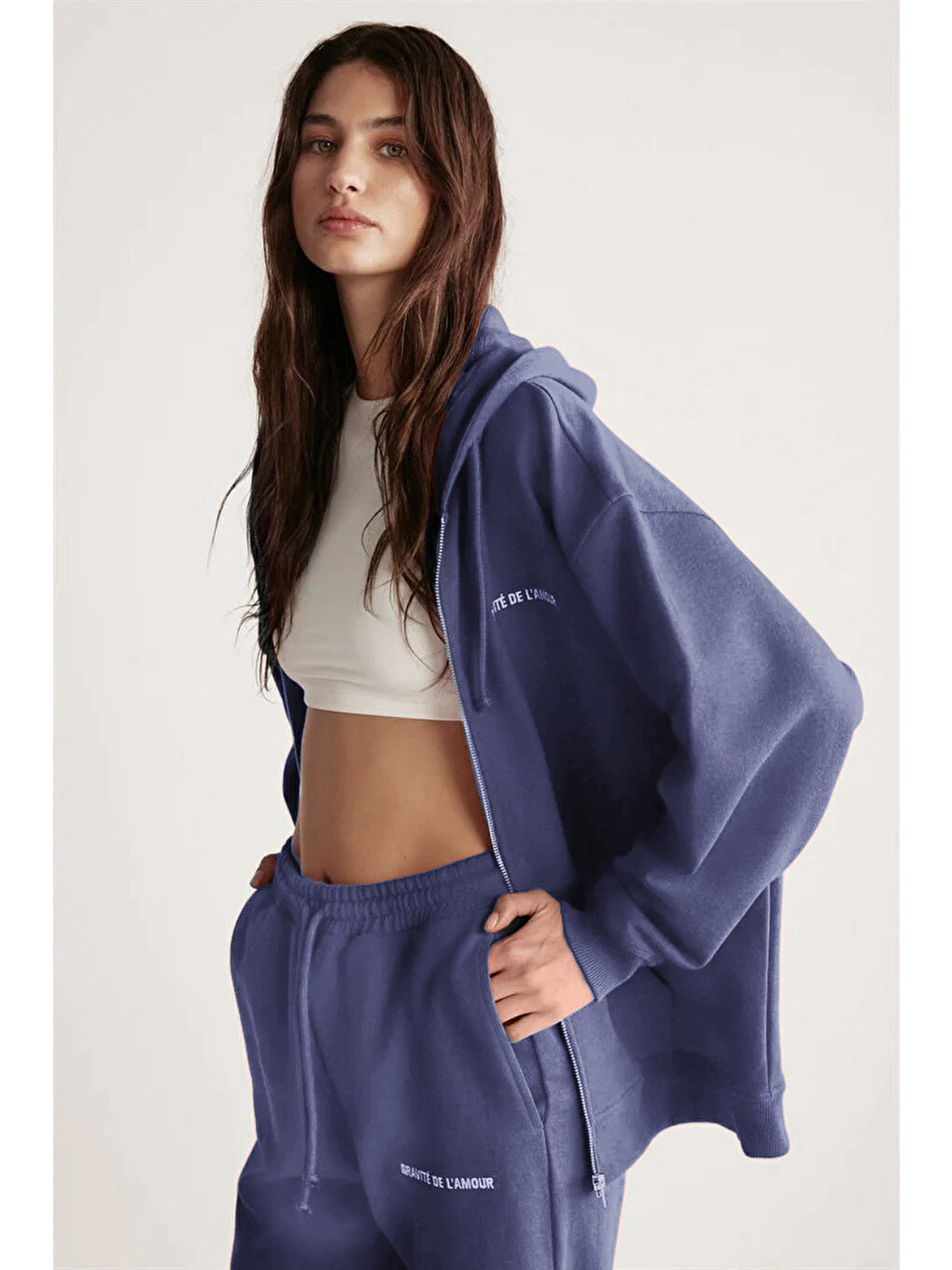 Ametıs Kadın Oversize Organik Pamuklu Metal Fermuarlı Kapüşonlu Lacivert Sweatshirt-1