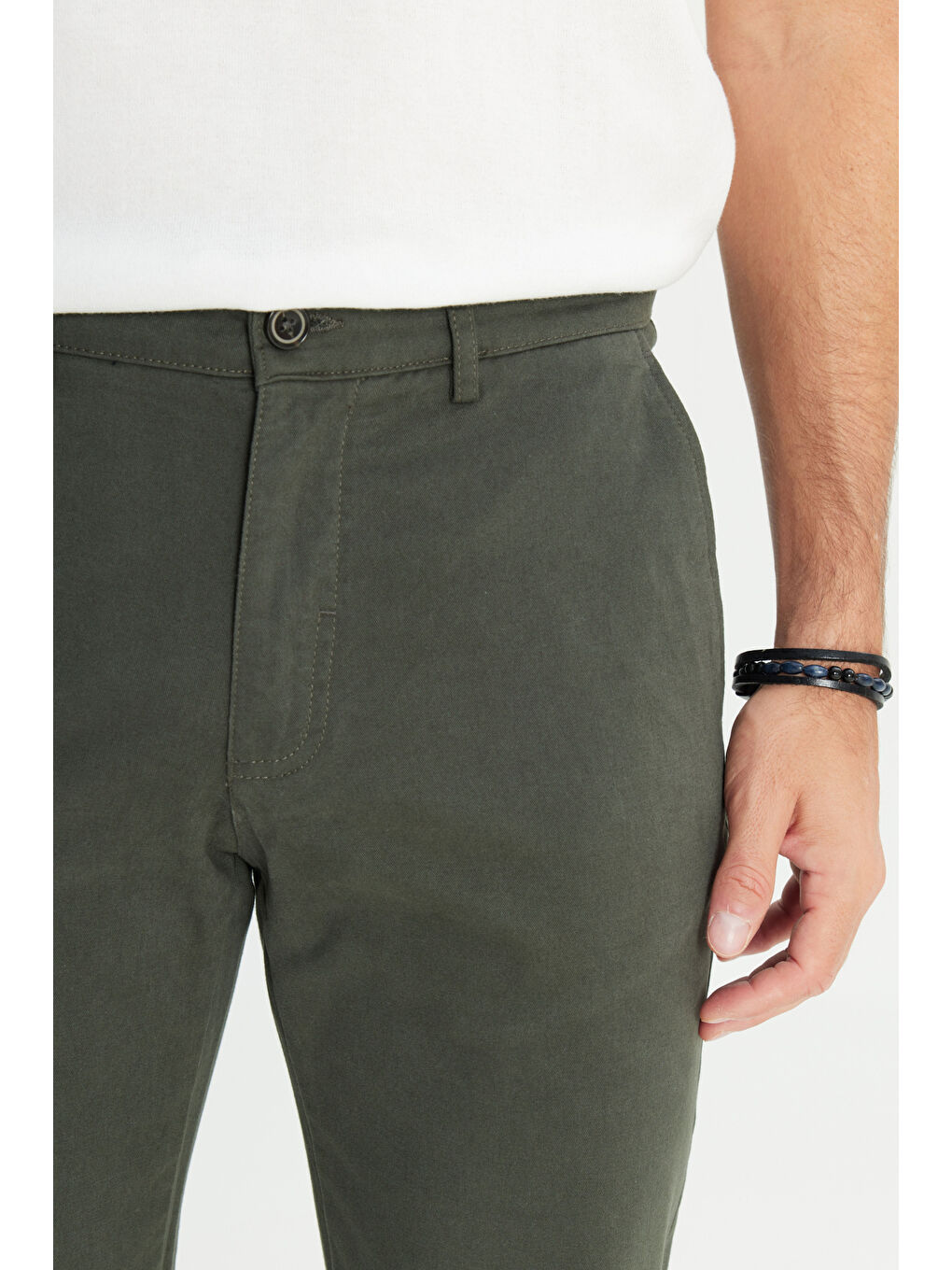 Erkek Haki %100 Pamuk Comfort Fit Rahat Kesim Yan Cepli Pantolon-3