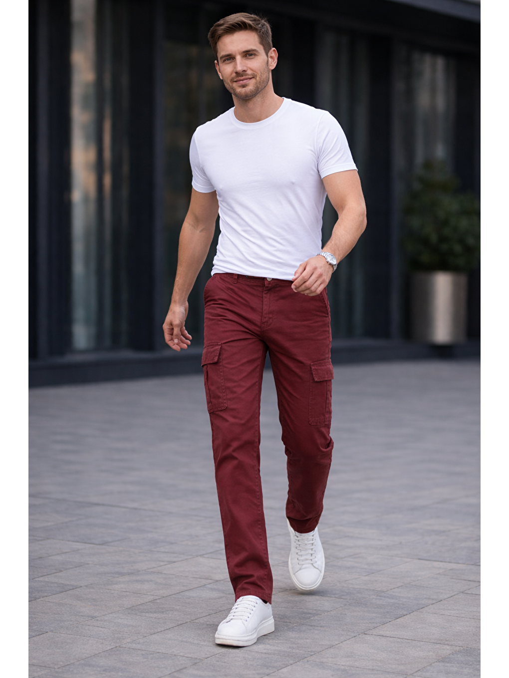 Kahverengi Erkek Trend Bol Paça Günlük Kargo Kiremit Baggy Pantolon-3