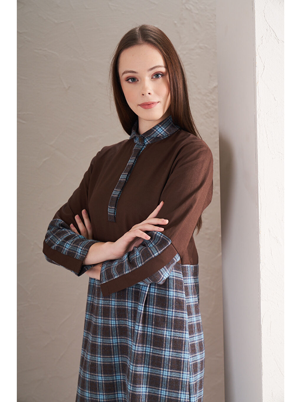 Lacivert Blok Elbise Küçük Kareli Kahve Laci-2