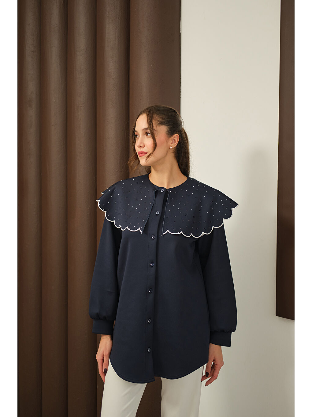 Kadın Yakası Taşlı Tunik Lacivert-3