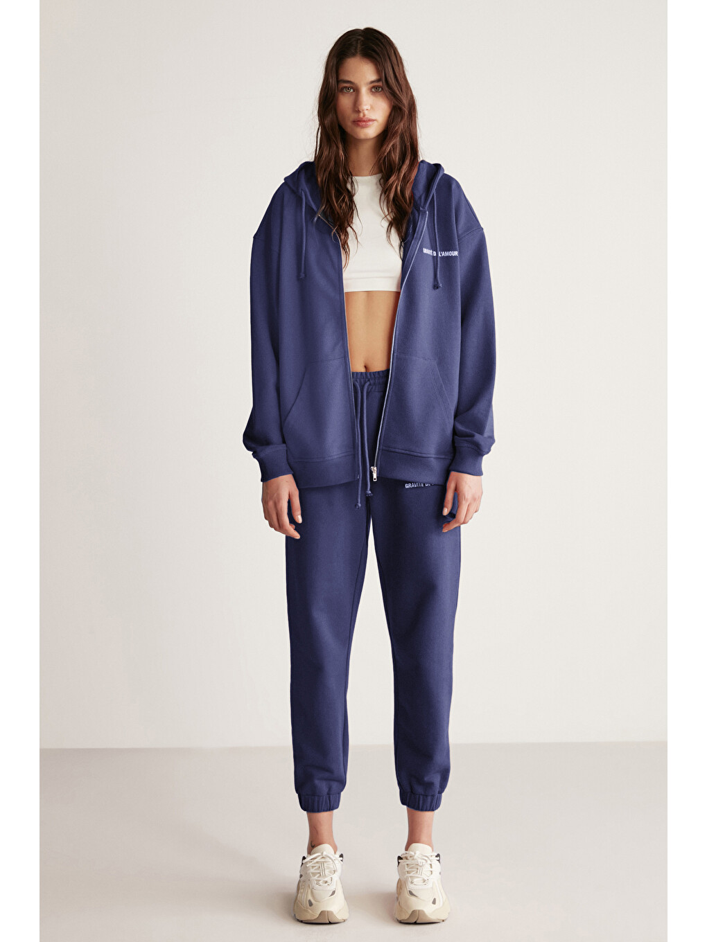 Ametıs Kadın Oversize Organik Pamuklu Metal Fermuarlı Kapüşonlu Lacivert Sweatshirt-2