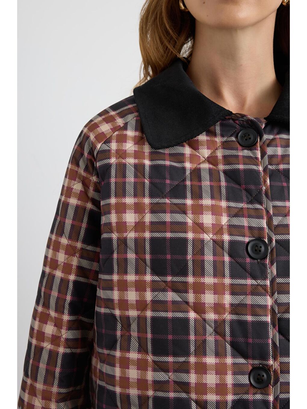 Kahverengi Desenli Kadife Yakalı Kapitone Ceket Mont Kahve-5