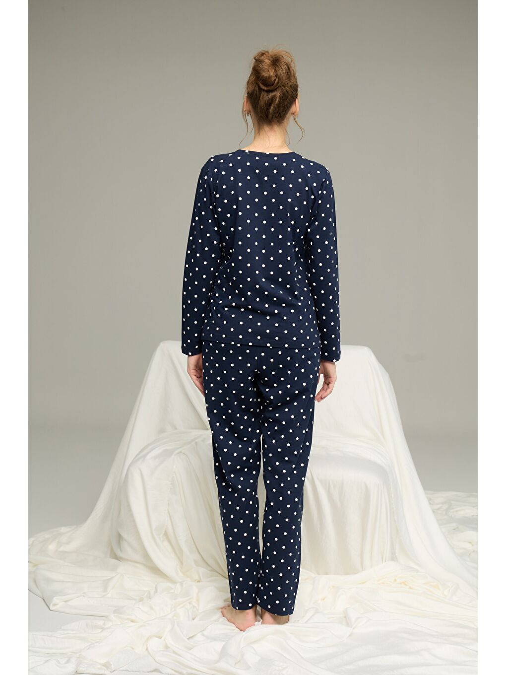 Lacivert Puan Desenli Pamuklu Bisiklet Yaka Örme Pijama Takım25241121-1