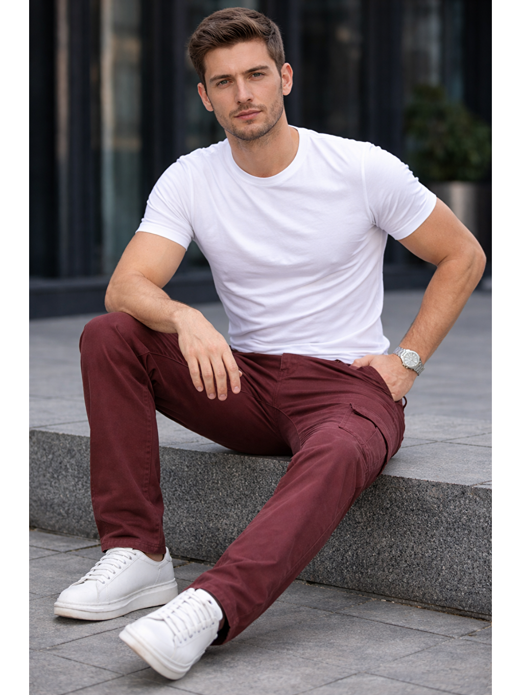 Kahverengi Erkek Trend Bol Paça Günlük Kargo Kiremit Baggy Pantolon-4