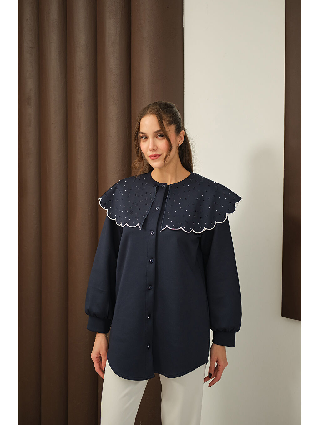 Kadın Yakası Taşlı Tunik Lacivert-4