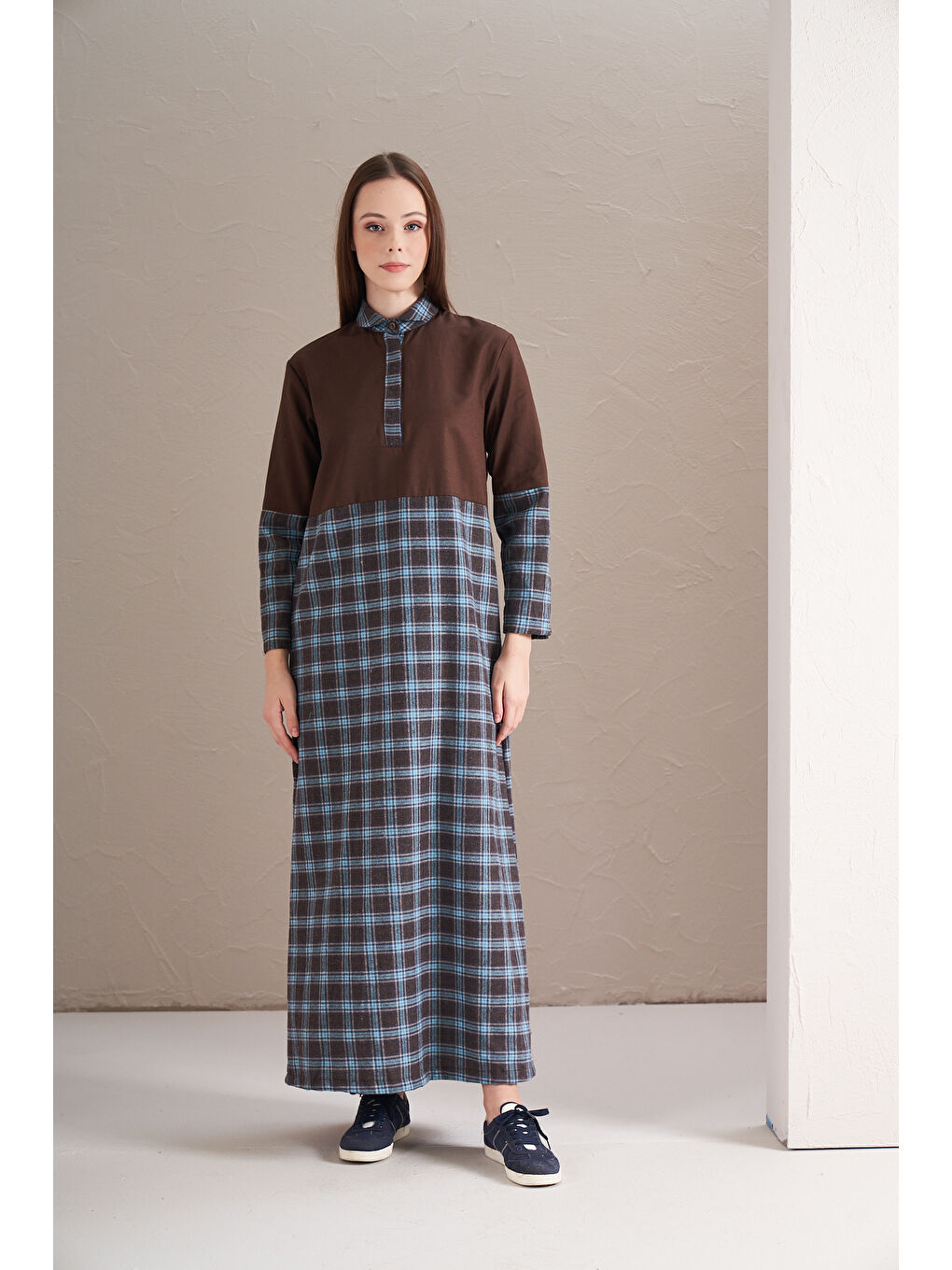 Lacivert Blok Elbise Küçük Kareli Kahve Laci-3