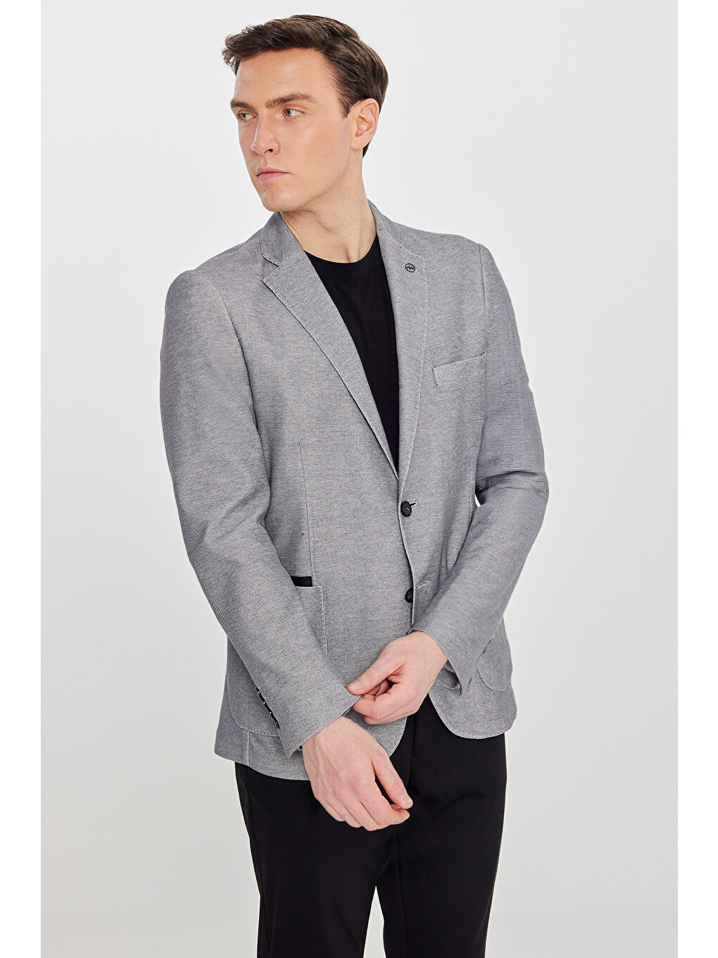 Erkek Antrasit Pamuklu Slim Fit Dar Kesim Mono Yaka Torba Cepli Blazer Ceket-2