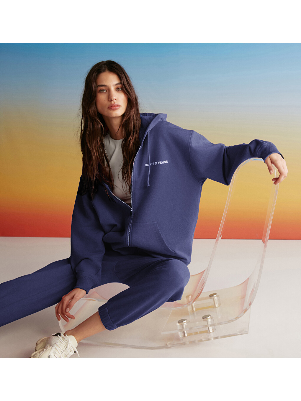 Ametıs Kadın Oversize Organik Pamuklu Metal Fermuarlı Kapüşonlu Lacivert Sweatshirt-3