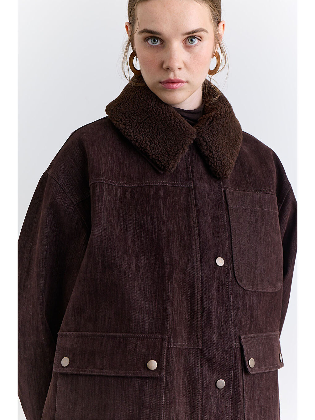 Yakası Kürklü Nature Ceket Kahverengi-6