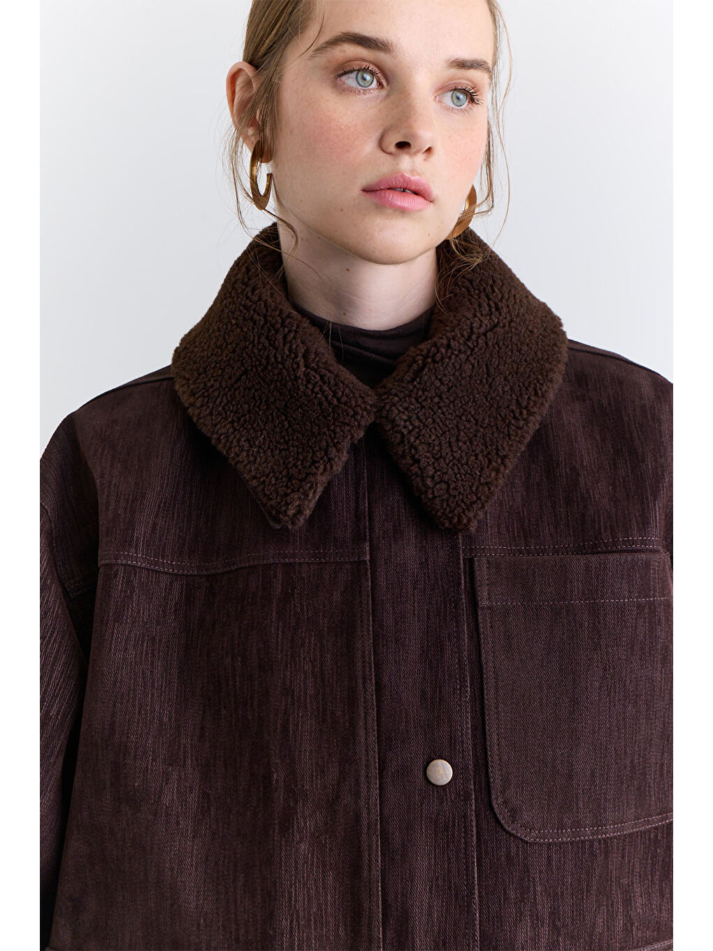 Yakası Kürklü Nature Ceket Kahverengi-4