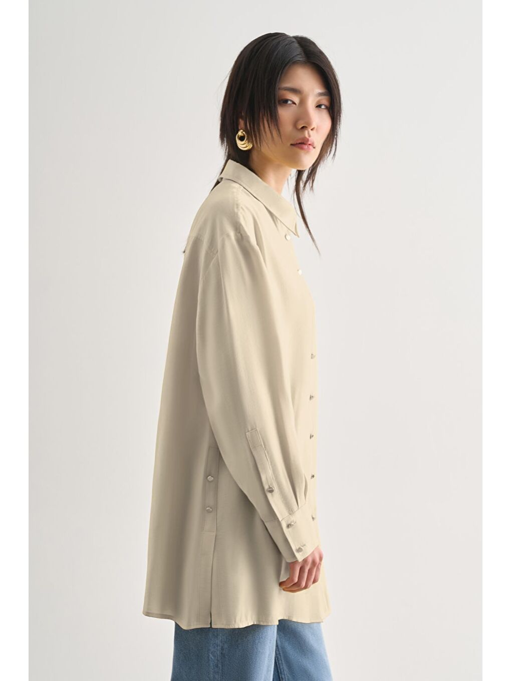 Bej Yan Düğme Detaylı Premium Modal Taş Rengi Tunik-1