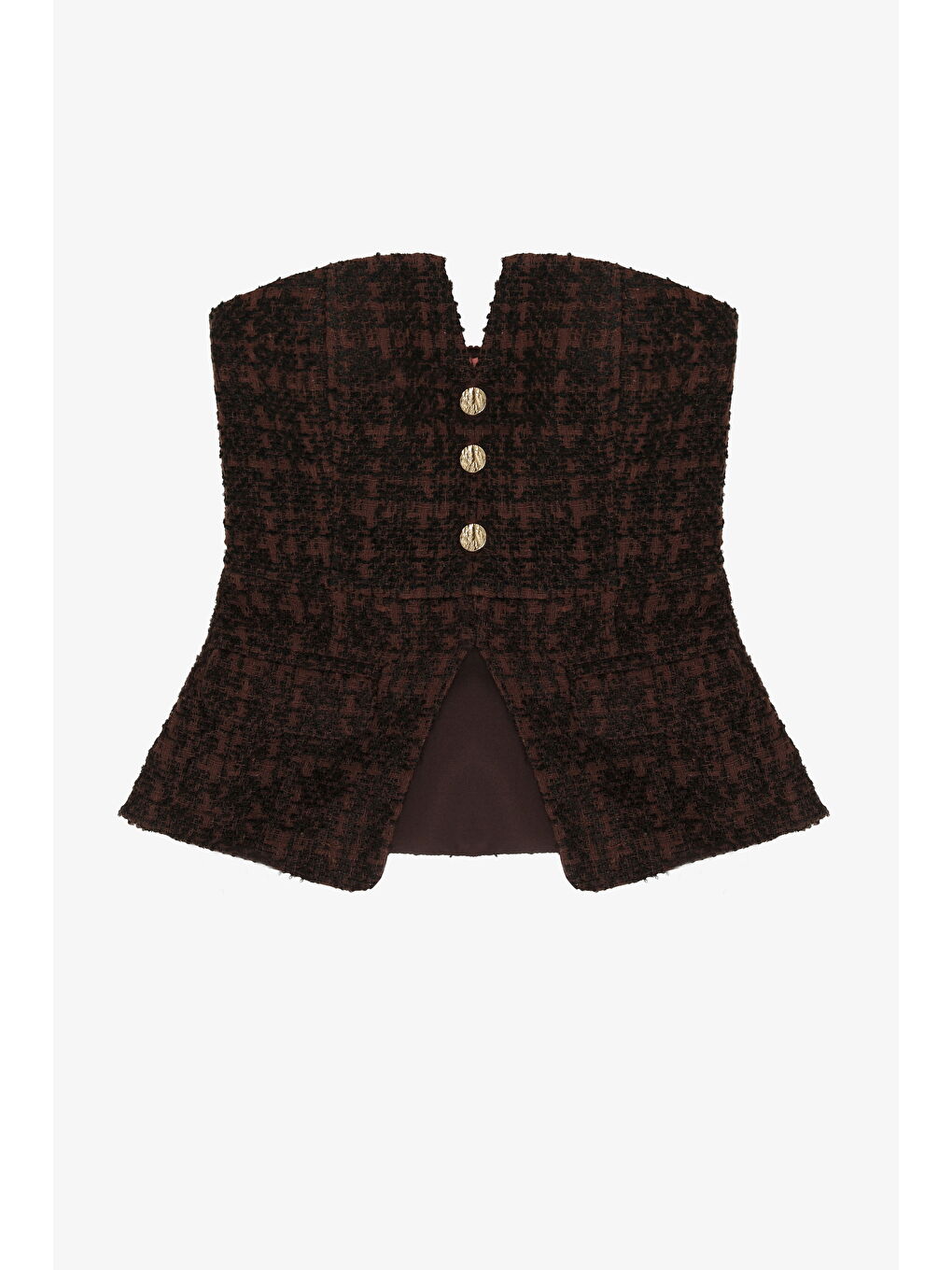 Düğmeli Tüvit Straplez Büstiyer Bluz Kahverengi