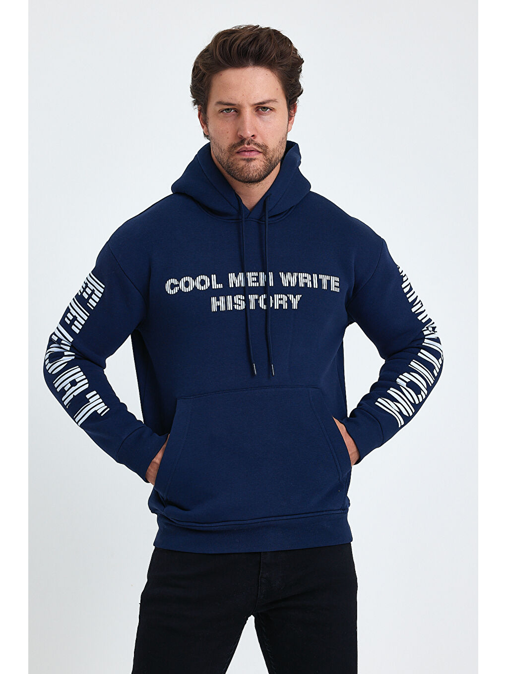 Tarz Cool Lacivert Erkek Yazı Baskılı Regular 3 İplik Şardonlu Kapüşonlu Sweatshirt