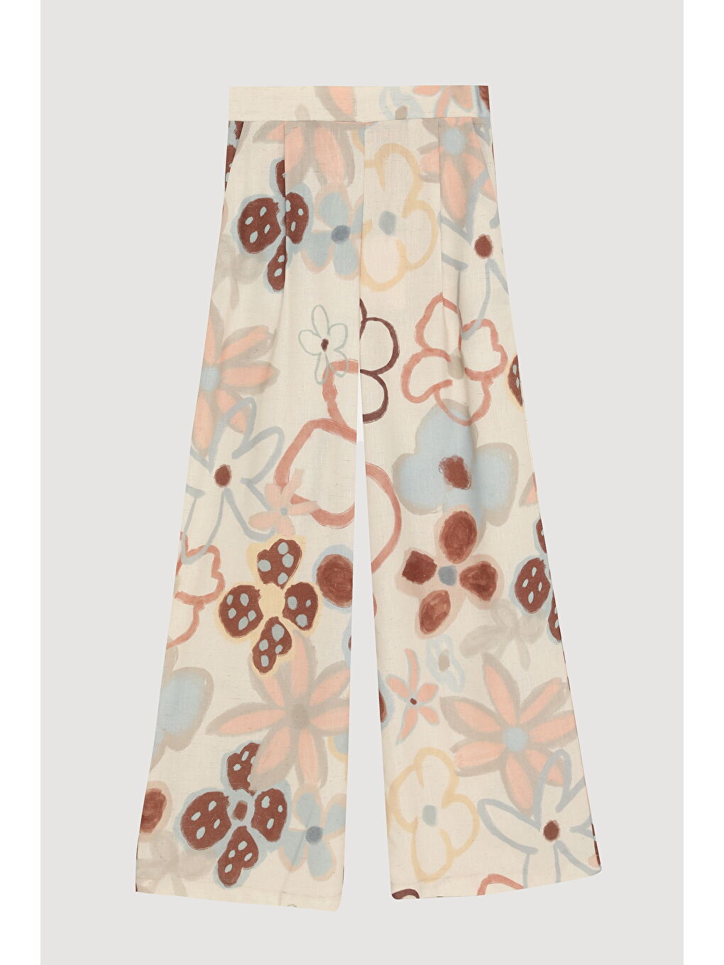 Bej Renkli Çiçek Desenli Geniş Keten Pantolon Naturel