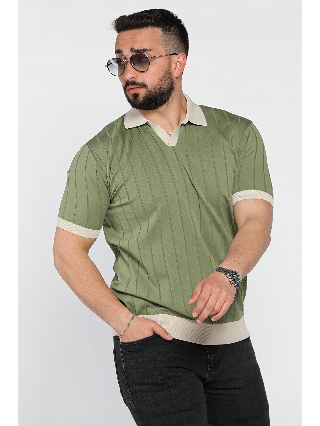 Haki Erkek Polo Yaka Kendinden Çizgi Desenli Renk Garnili Triko Tişört-1