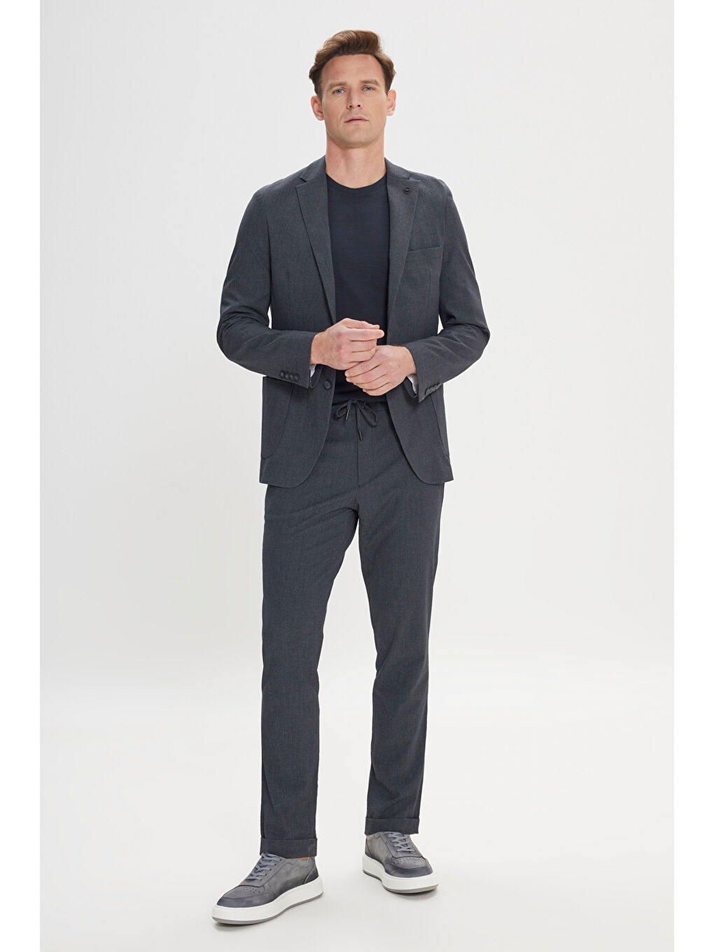 Erkek Antrasit Slim Fit Dar Kesim Mono Yaka Kazayağı Desenli Ceket-1