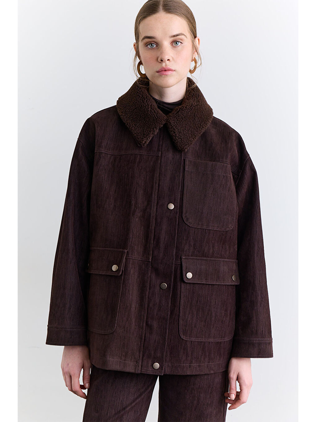 Yakası Kürklü Nature Ceket Kahverengi-3